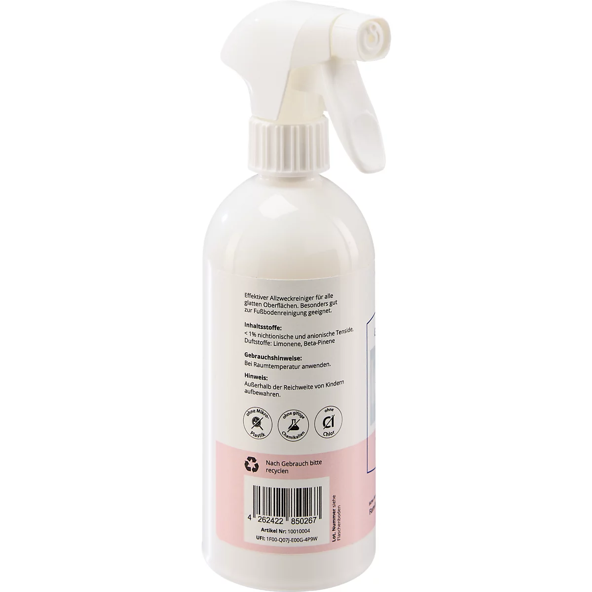 Flacon de pulvérisation blanc avec une étiquette rose, avec du texte dessus. La tête de pulvérisation est placée en haut.