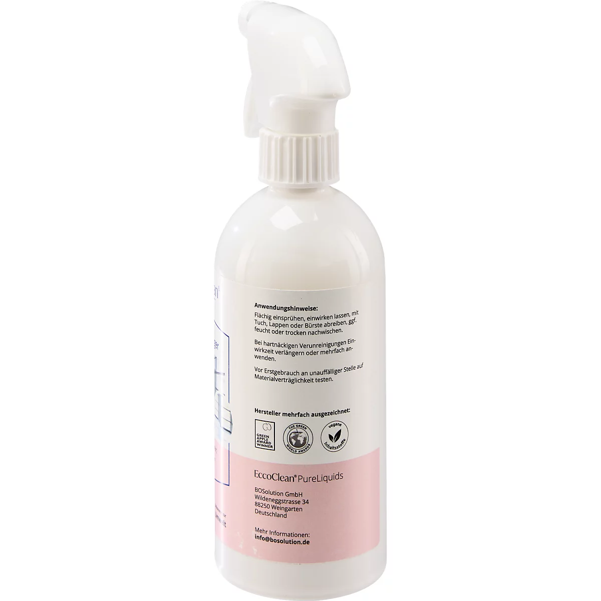 Un flacon pulvérisateur blanc avec une étiquette rose. L'étiquette contient des informations sur le produit, comme le nom 'EcoClean pure liquid'.