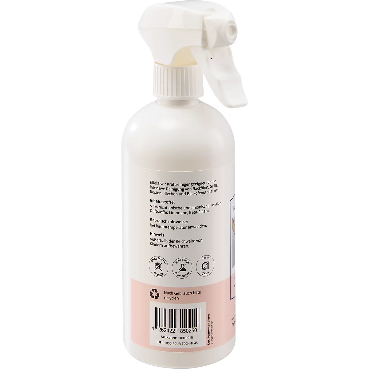 Witte spuitfles met productinformatie. Roze accent aan de onderkant. Tekst: "Intensieve krachtige reiniger". Barcode onderaan.