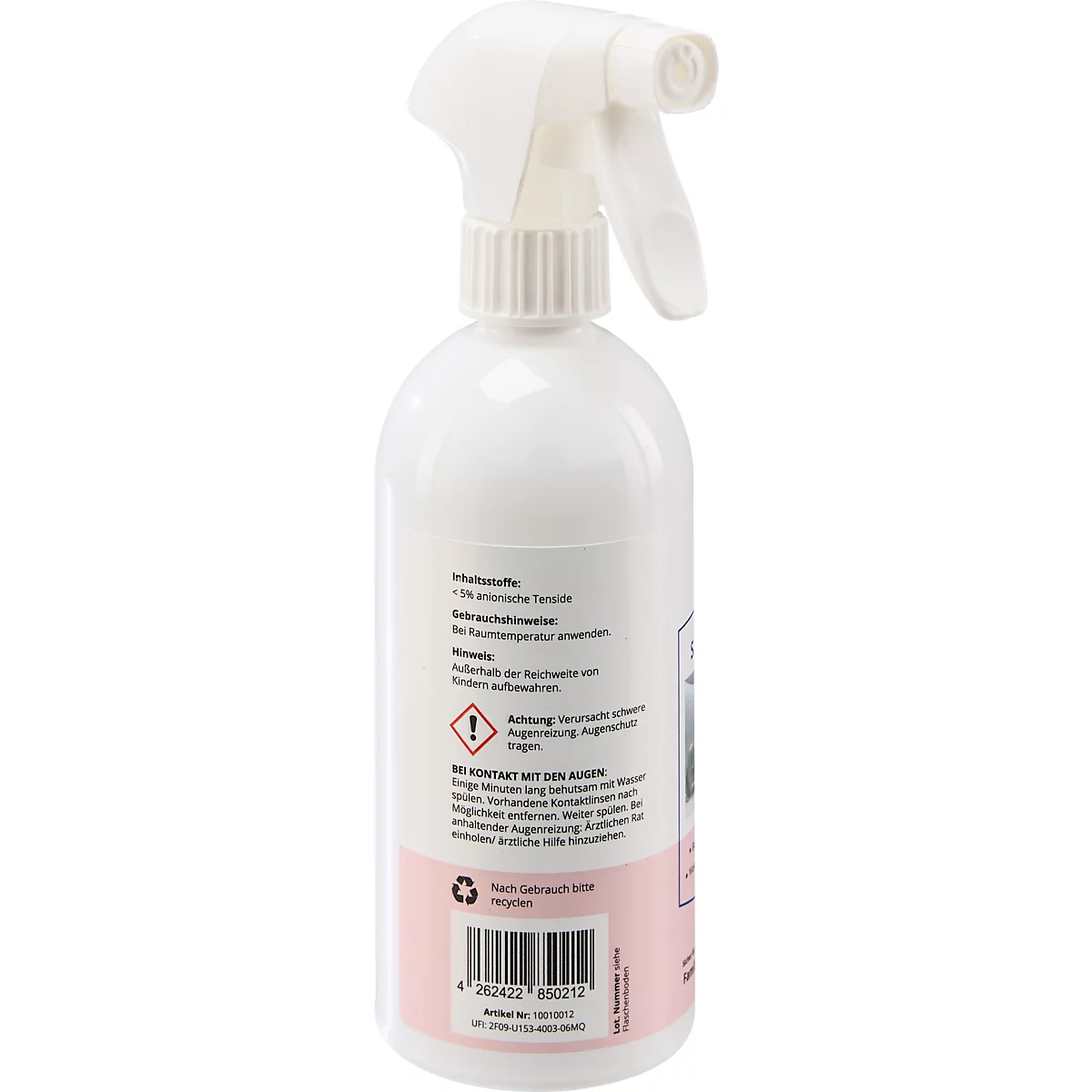 Eine weiße Sprühflasche mit rosa Etikett, das Text und einen Barcode enthält. Der Sprühkopf ist weiß.