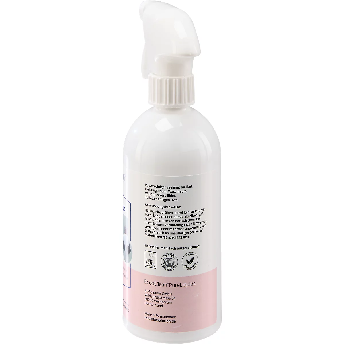 Weiße Sprühflasche mit Produktinformationen und Logo. Rosa farbiger Aufkleber. Der Hintergrund ist weiß.