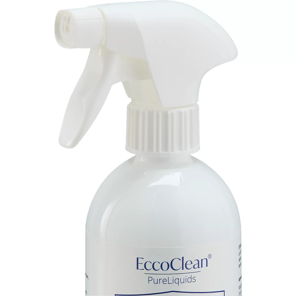 Close-up van een witte spuitfles. De sproeikop is links bevestigd. De fles bevat de tekst "EccoClean PureLiquids".