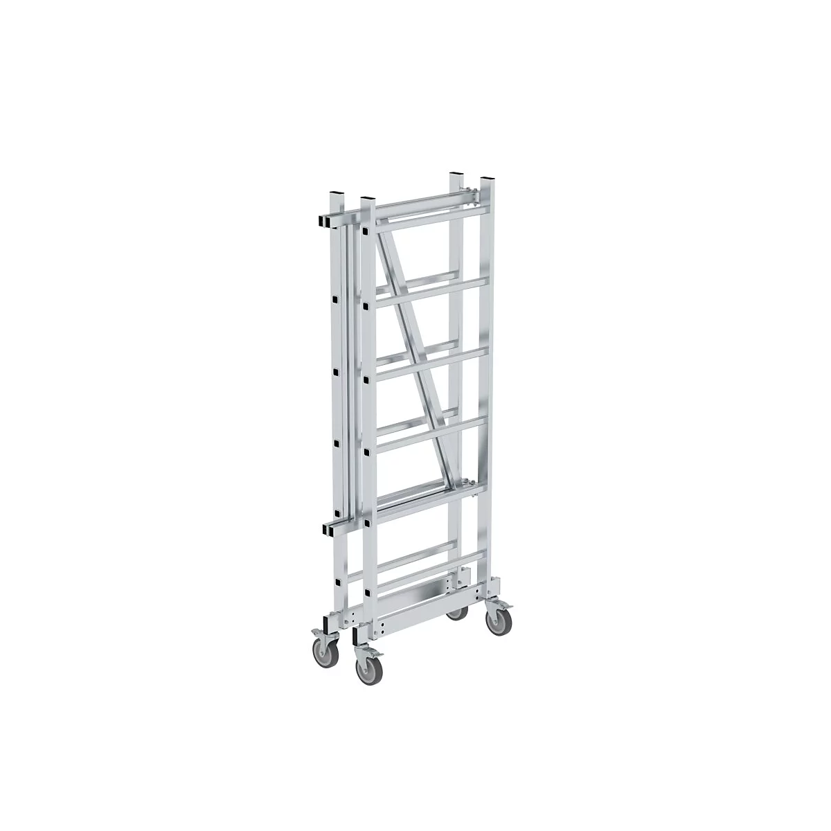 Échafaudage en aluminium avec quatre roues, sur fond blanc.