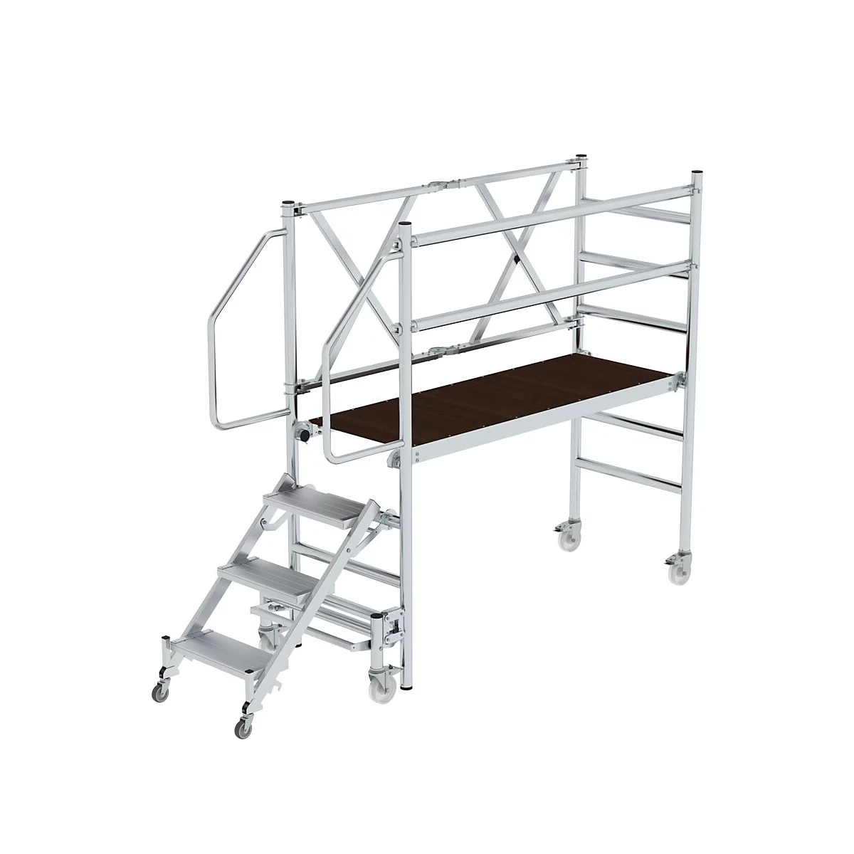 Échafaudage avec escalier, plateforme de travail et roues sur fond blanc.