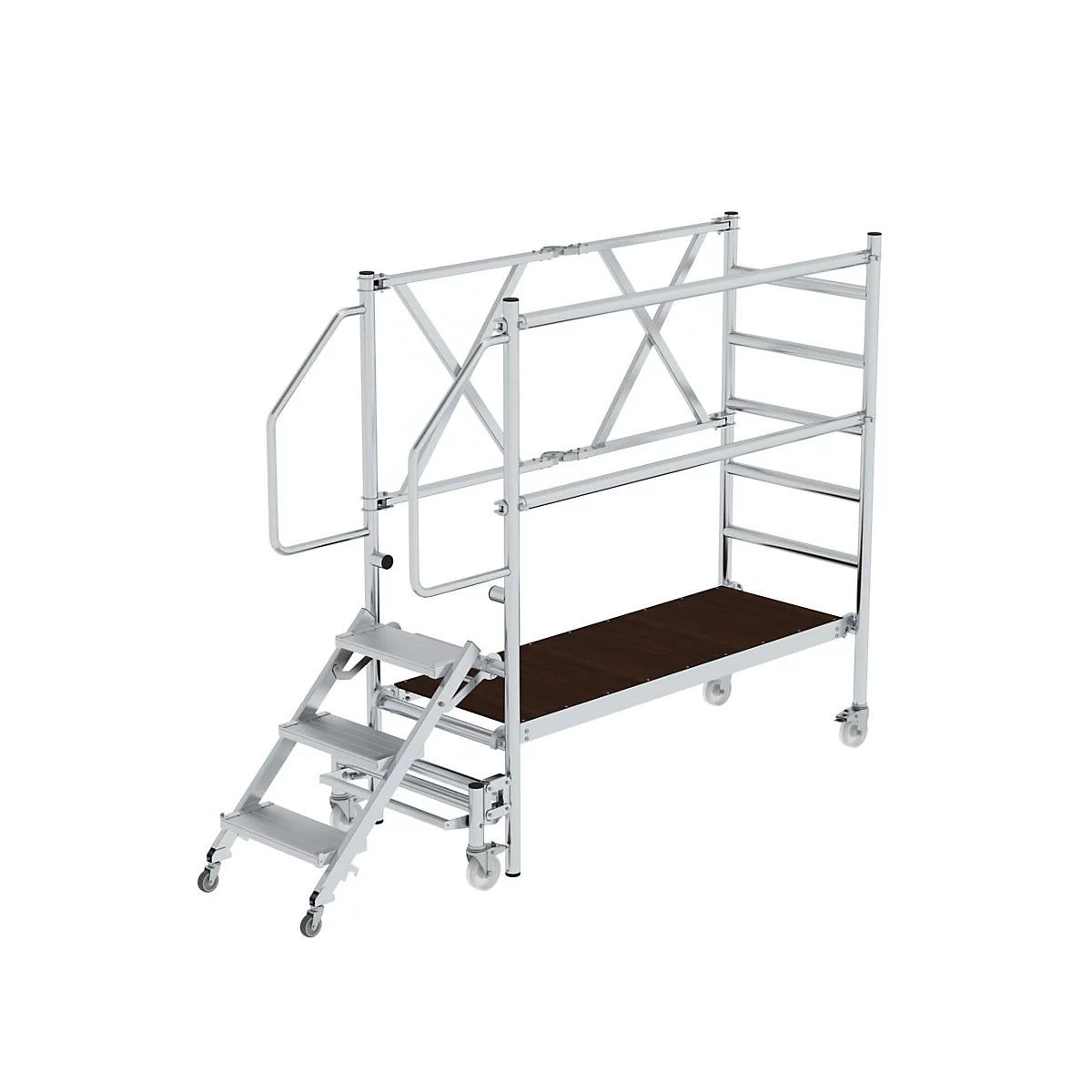 Échafaudage avec plateforme, escalier et rambarde. Métal argenté, plateforme en bois marron, roulettes.