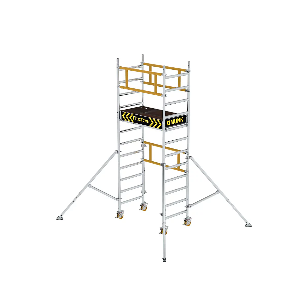 Échafaudage FlexTower sur fond blanc. Structure métallique avec roues, plateforme et garde-corps.