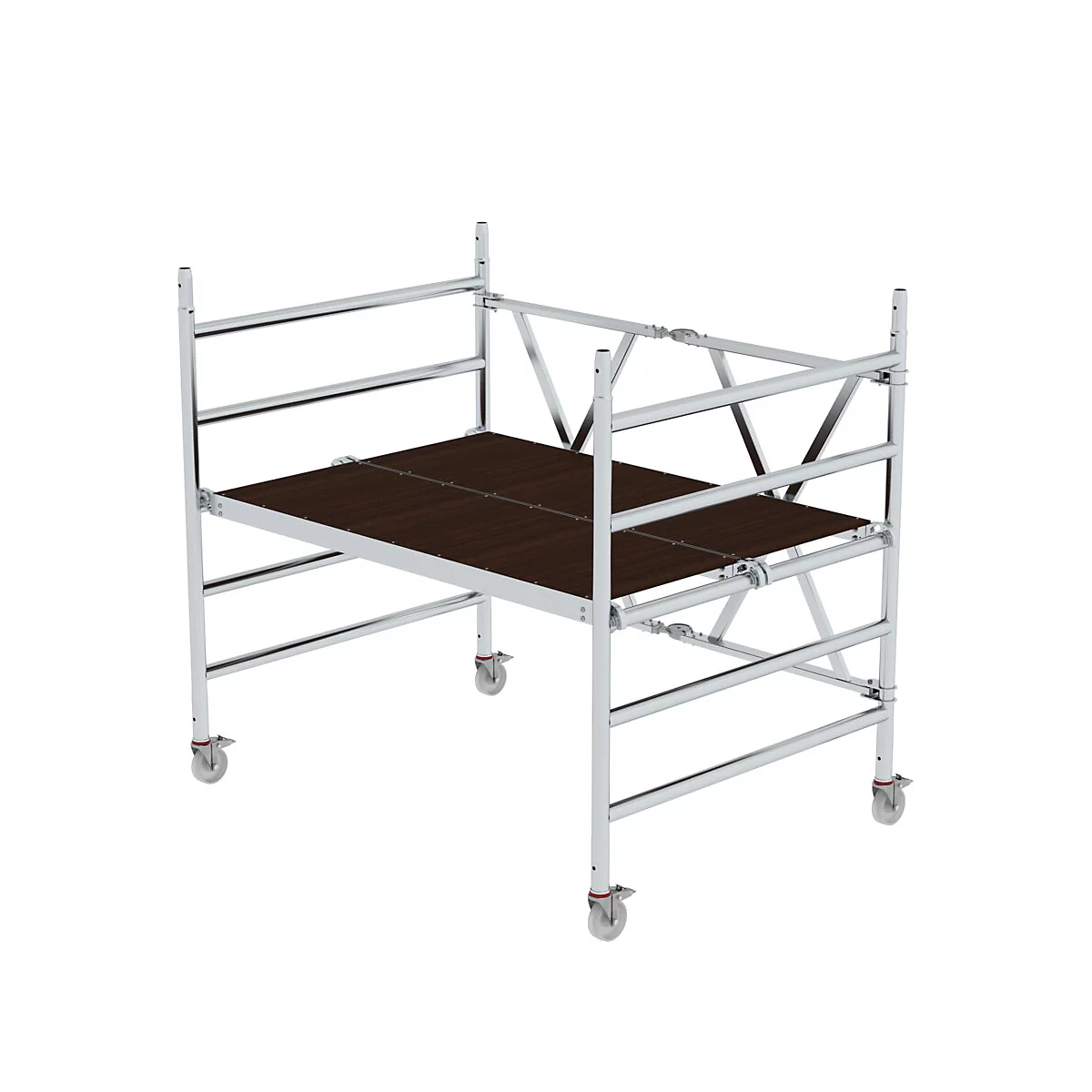 Échafaudage avec surface de travail marron et roues sur fond blanc.