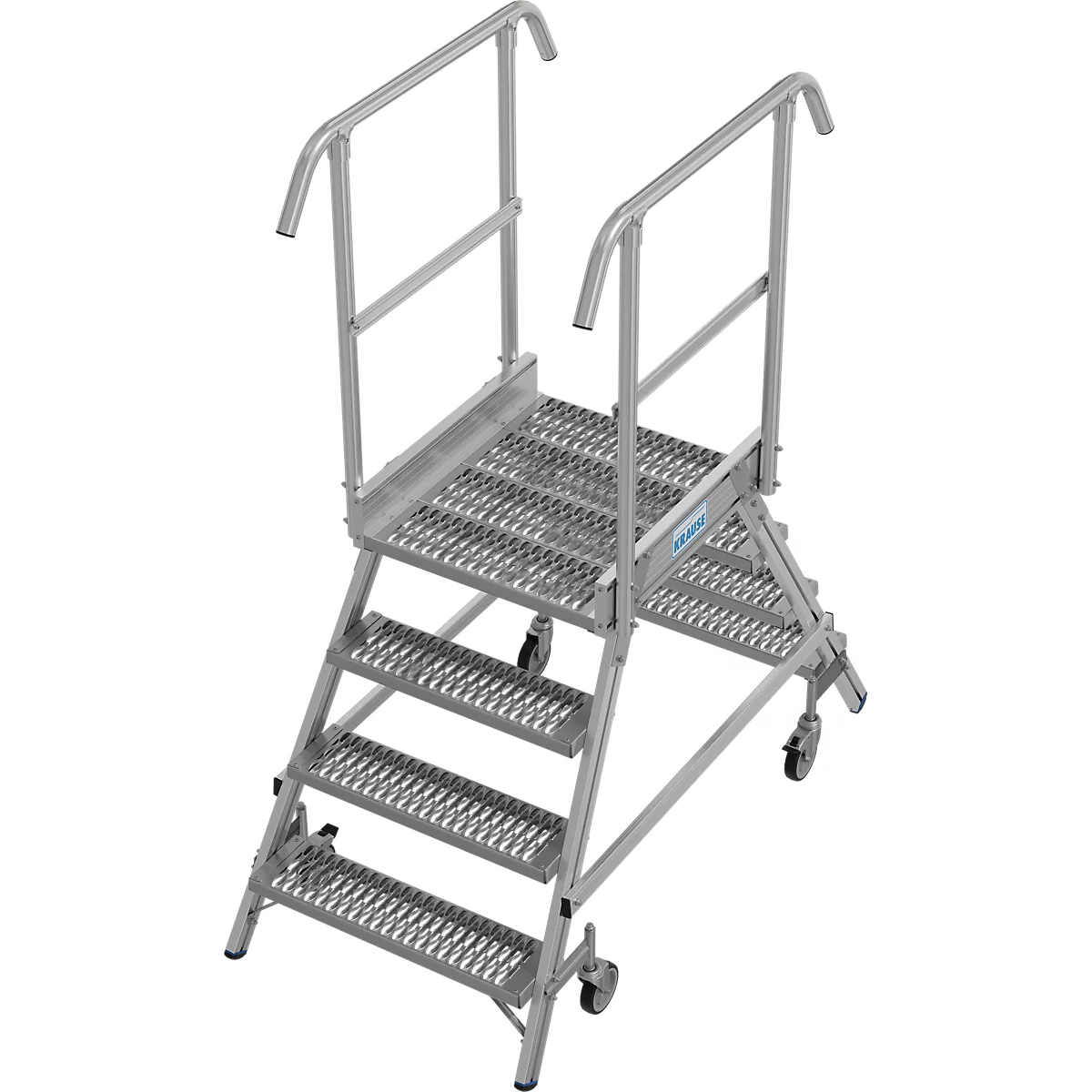 Un escabeau mobile argenté avec quatre marches, des mains courantes et des roulettes.