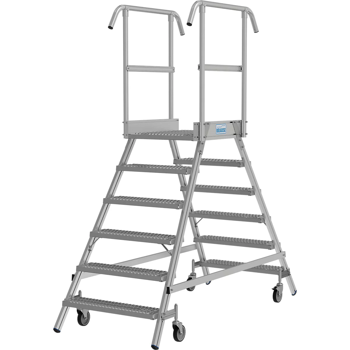 Escabeau gris avec rambarde et roues.