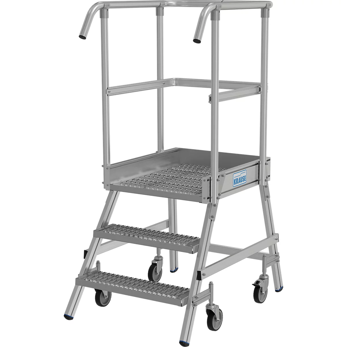 Escabeau plateforme en aluminium avec garde-corps et roues, autoportant.