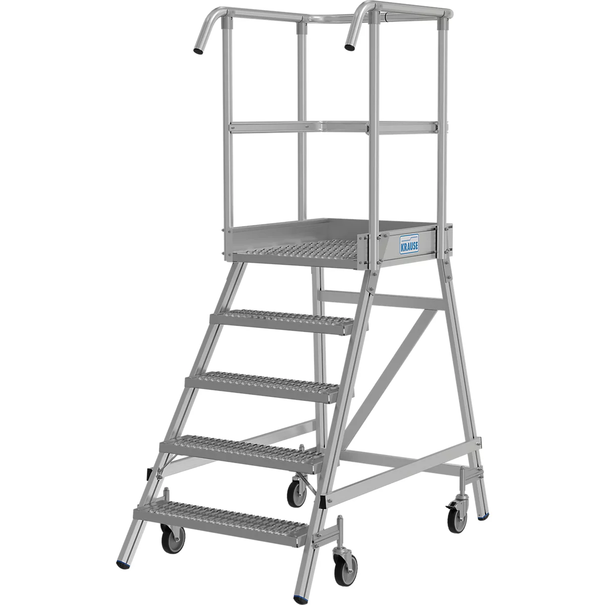 Escalier en aluminium avec garde-corps et plate-forme sur roues.