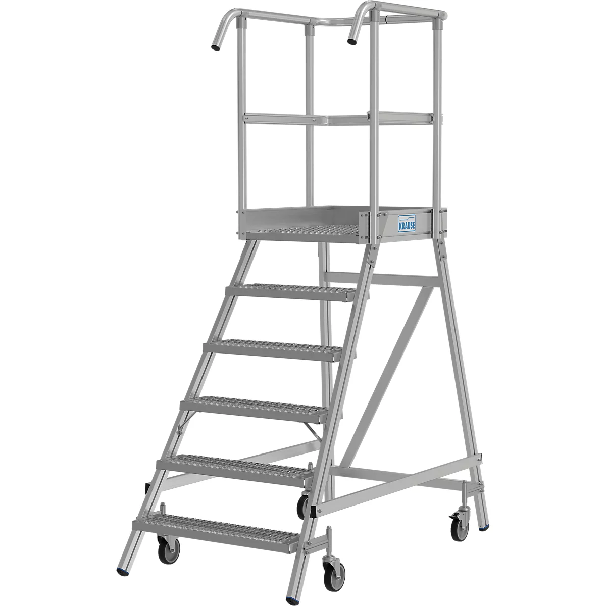 Escalier plateforme en aluminium avec garde-corps et roues. Une aide pour l'industrie ou l'entrepôt.