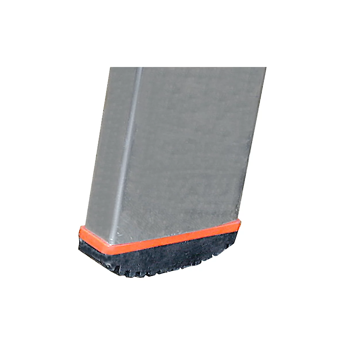 Pied de table gris avec tampon en caoutchouc noir et bord rouge.