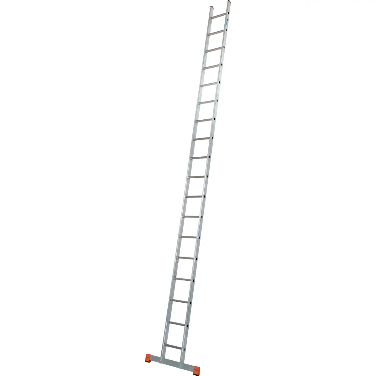 Échelle en aluminium gris, placée en biais. Les barreaux sont horizontaux.