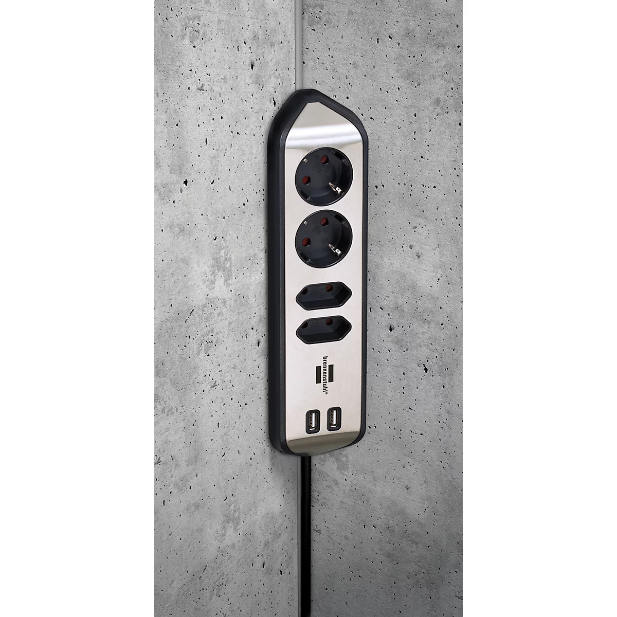 Eck-Steckdosenleiste brennenstuhl® estilo, 4-fach + USB-Ladefunktion, IP20, mit Kabel & Klebepads, L 70 x B 100 x H 300 mm, schwarz-silber