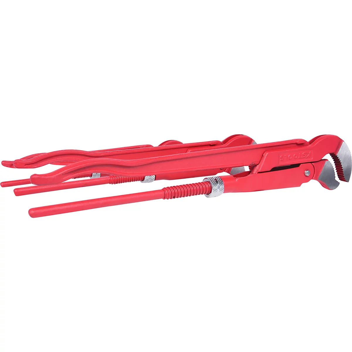 Drei rote Rohrzangen, leicht schräg liegend. Das Werkzeug ist aus Metall und hat verstellbare Greifbacken.