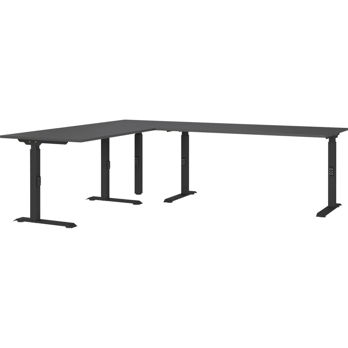 Eckschreibtisch Porto, mechanisch höheneinstellbar, C-Fuß, inkl. Ansatztisch mit Stützfuß, B 1200/1600 x T 2200 x H 680-910 mm, graphit/schwarz