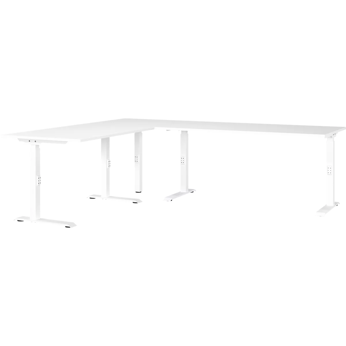 Eckschreibtisch Porto, mechanisch höheneinstellbar, C-Fuß, inkl. Ansatztisch mit Stützfuß, B 1200/1600 x T 2200 x H 680-910 mm, weiß/weiß