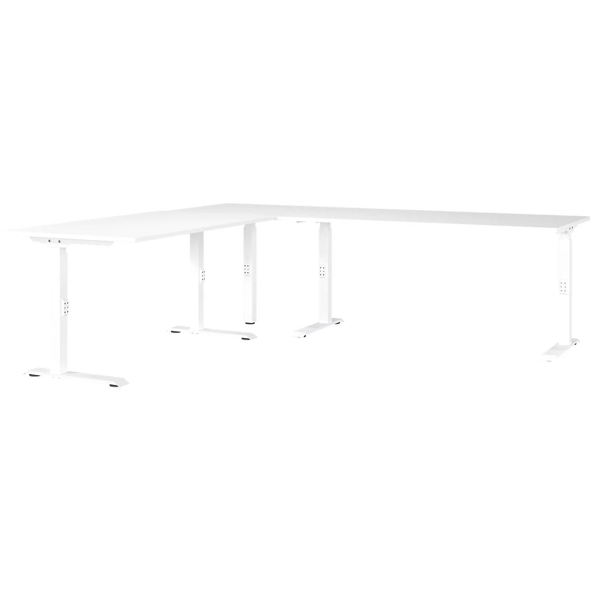 Eckschreibtisch Porto, mechanisch höheneinstellbar, C-Fuß, inkl. Ansatztisch mit Stützfuß, B 1200/1800 x T 2200 x H 680-910 mm, weiß/weiß