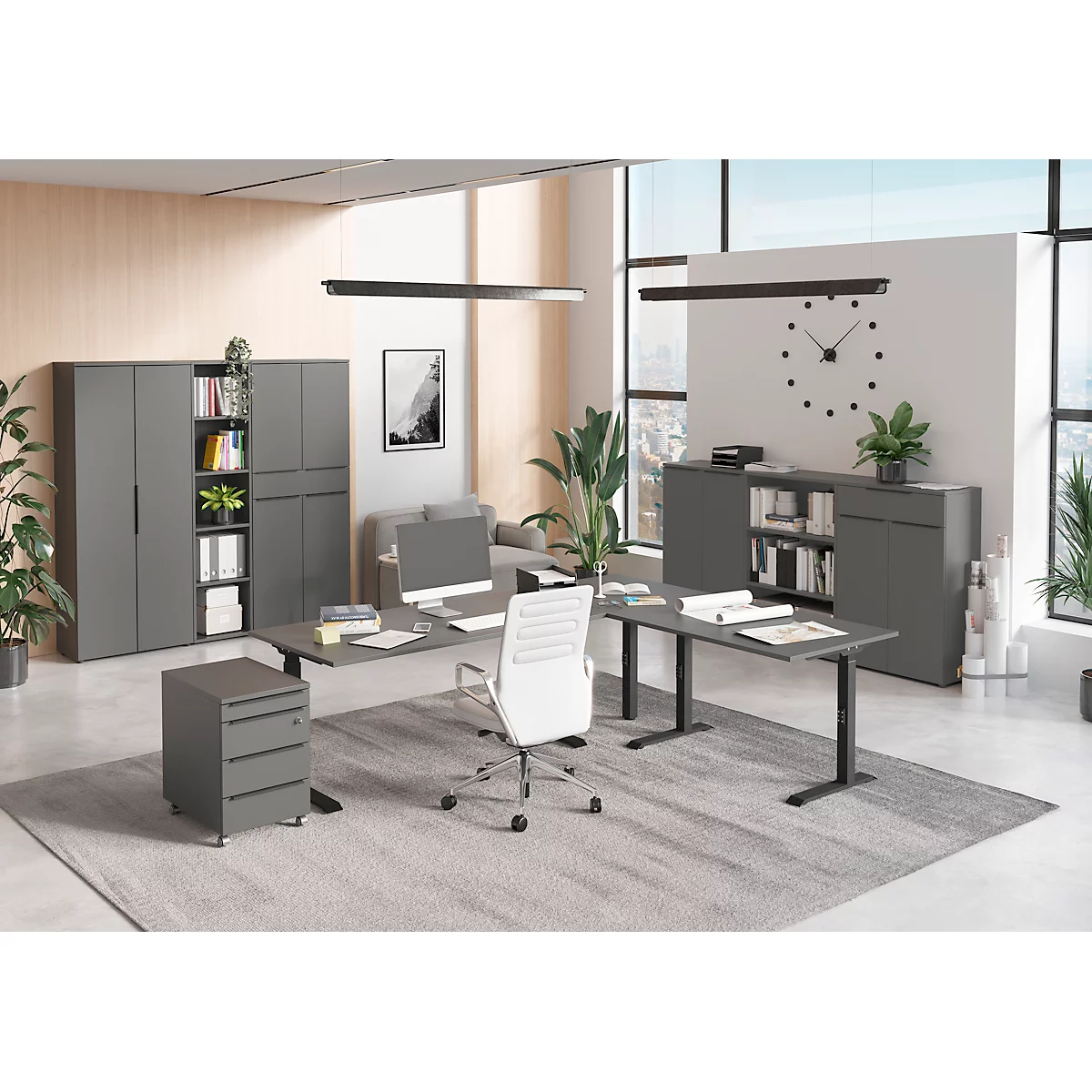 Eckschreibtisch Porto, mechanisch höheneinstellbar, C-Fuß, inkl. Ansatztisch mit Stützfuß, B 1400/1600 x T 2200 x H 680-910 mm, graphit/schwarz