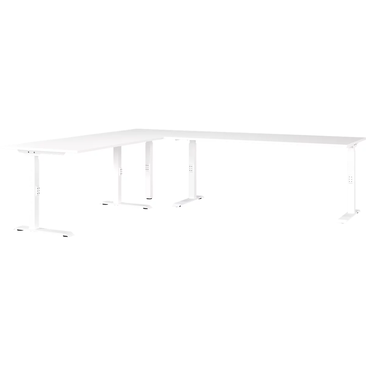 Eckschreibtisch Porto, mechanisch höheneinstellbar, C-Fuß, inkl. Ansatztisch mit Stützfuß, B 1400/1800 x T 2200 x H 680-910 mm, weiß/weiß