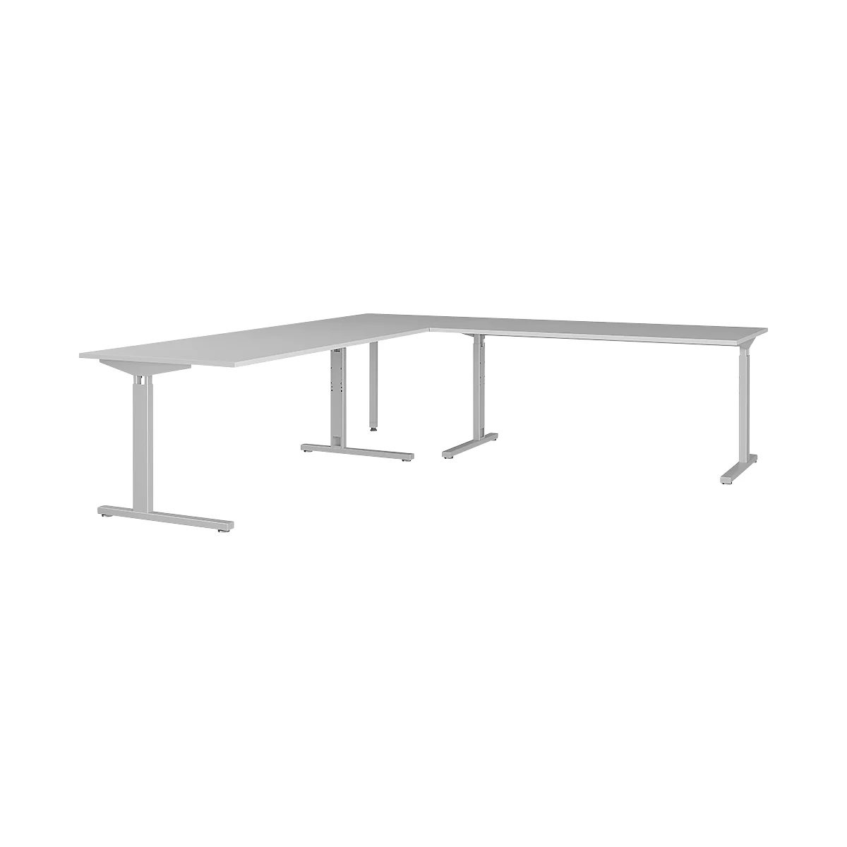 Eckschreibtisch Profi 2.0, mechanisch höheneinstellbar, C-Fuß, inkl. Ansatztisch mit Stützfuß, B 2400 x T 2600 x H 700-800 mm, silber/lichtgrau