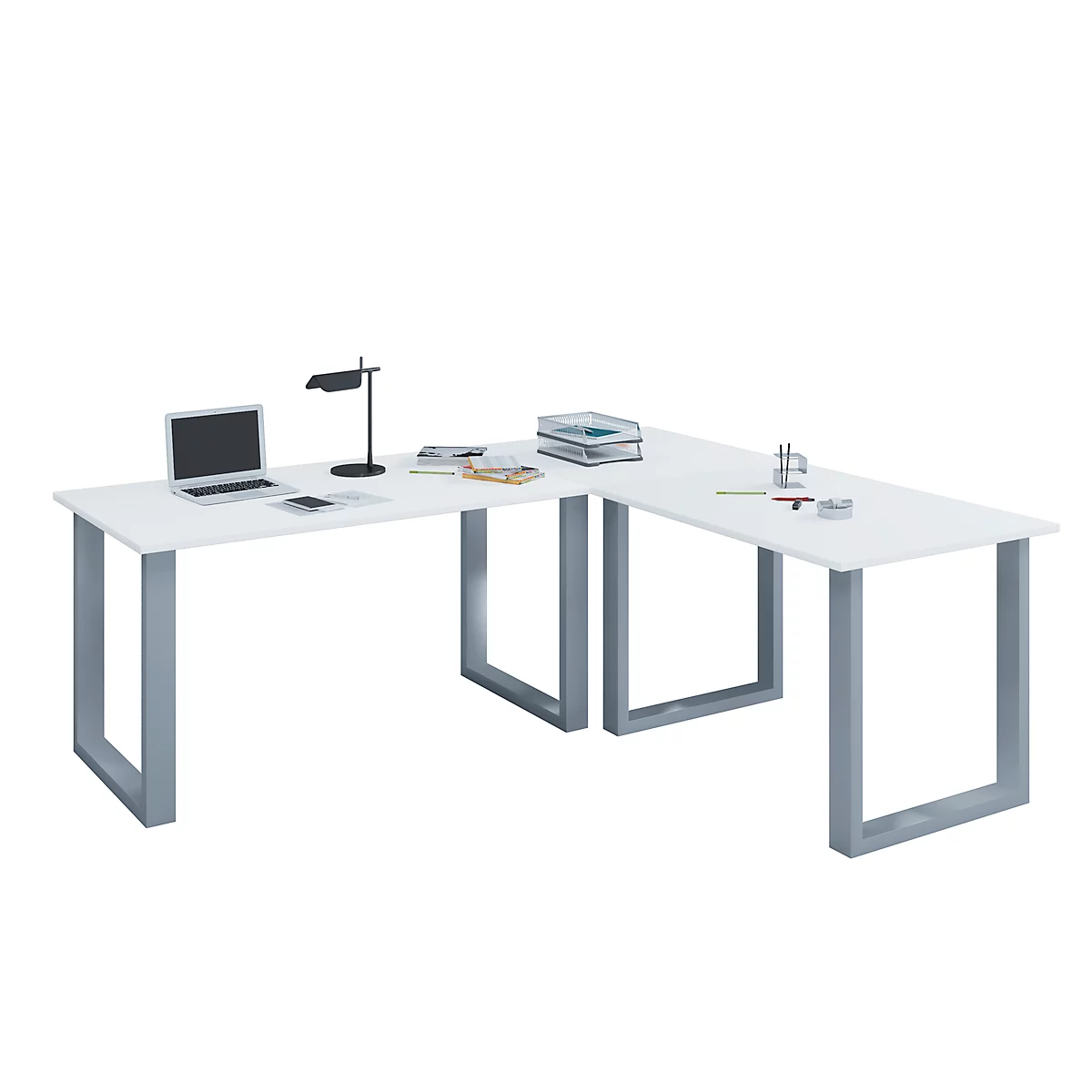 Eckschreibtisch, Winkel 90°, Bügelfuß, B 1900 x T 800/1900 x H 760 mm, weiß/silber