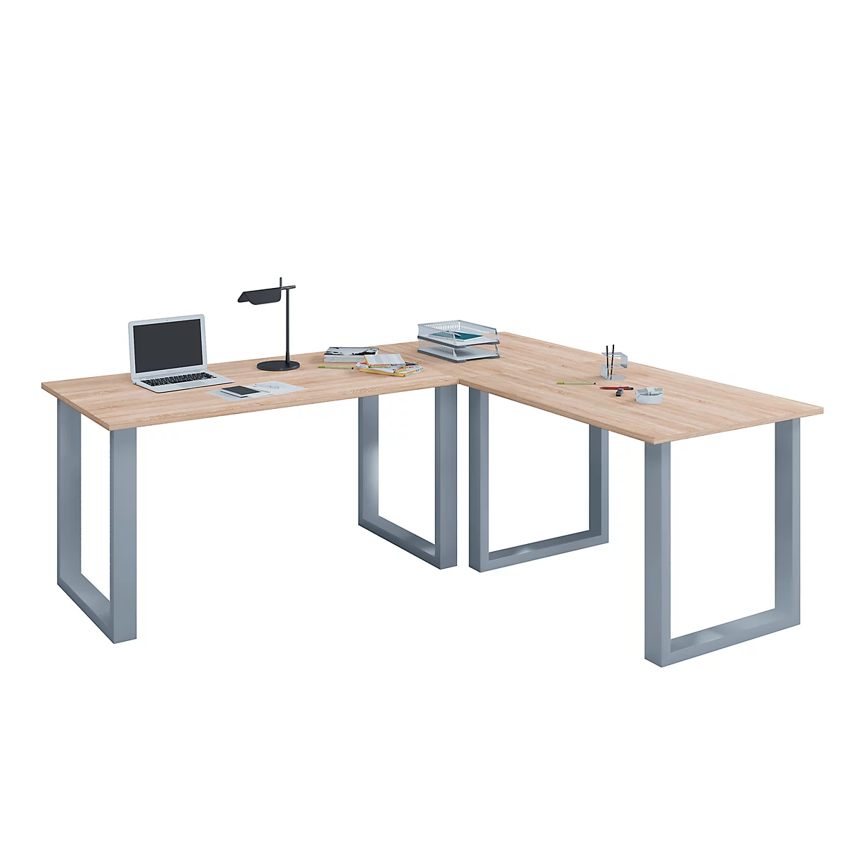 Eckschreibtisch, Winkel 90°, Bügelfuß, B 2200 x T 800/2200 x H 760 mm, Sonoma Eiche/silber