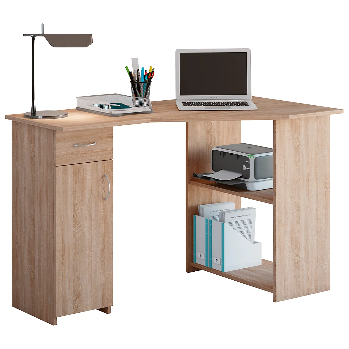 Eckschreibtisch, Winkel rechts, 2 Regalfächer & 1 Schrank mit Schubfach, B 1180 x T 770 x H 760 mm, Sonoma Eiche
