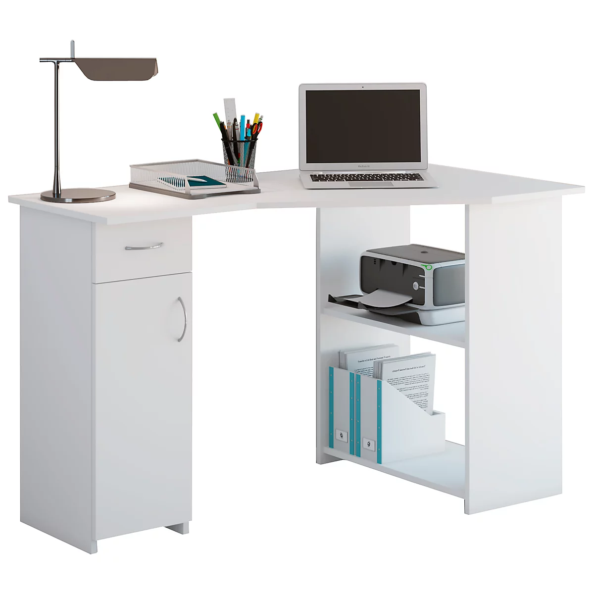 Eckschreibtisch, Winkel rechts, 2 Regalfächer & 1 Schrank mit Schubfach, B 1180 x T 770 x H 760 mm, weiß