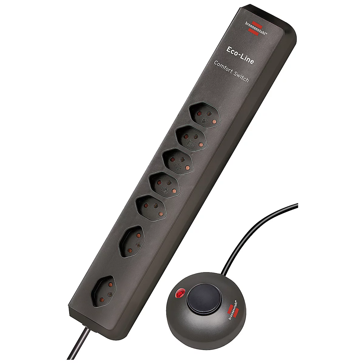 Dark gray multiple socket outlet with seven sockets, an on/off switch and a foot switch.