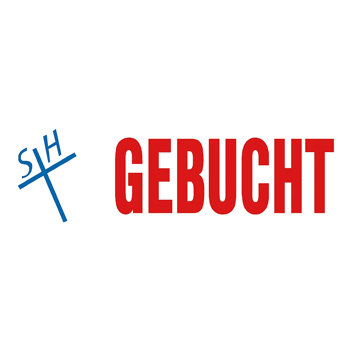 Logo with blue cross and red lettering GEBUCHT.