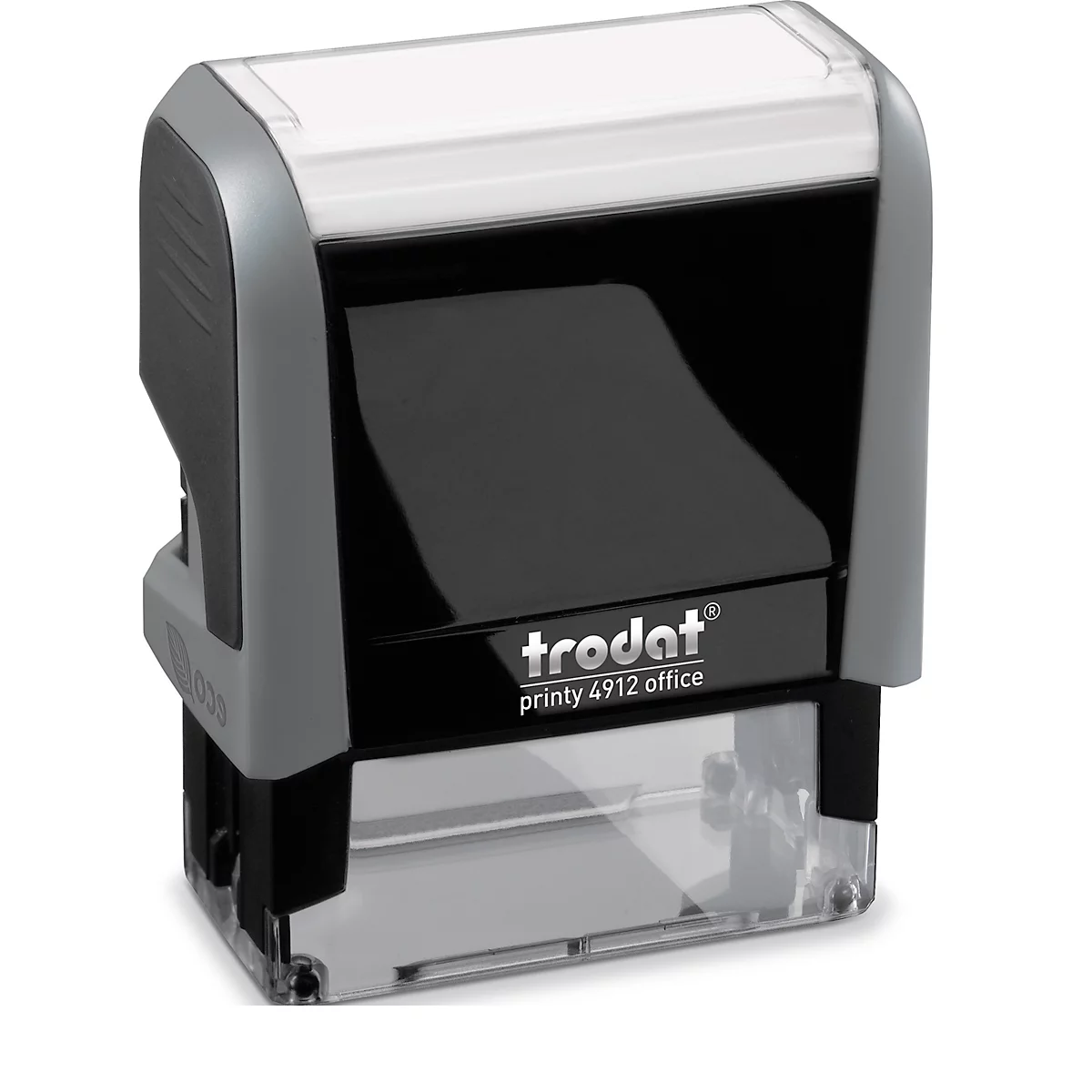 A black Trodat stamp, model Printy 4912, against a white background. Inscription: Trodat Printy 4912 office.