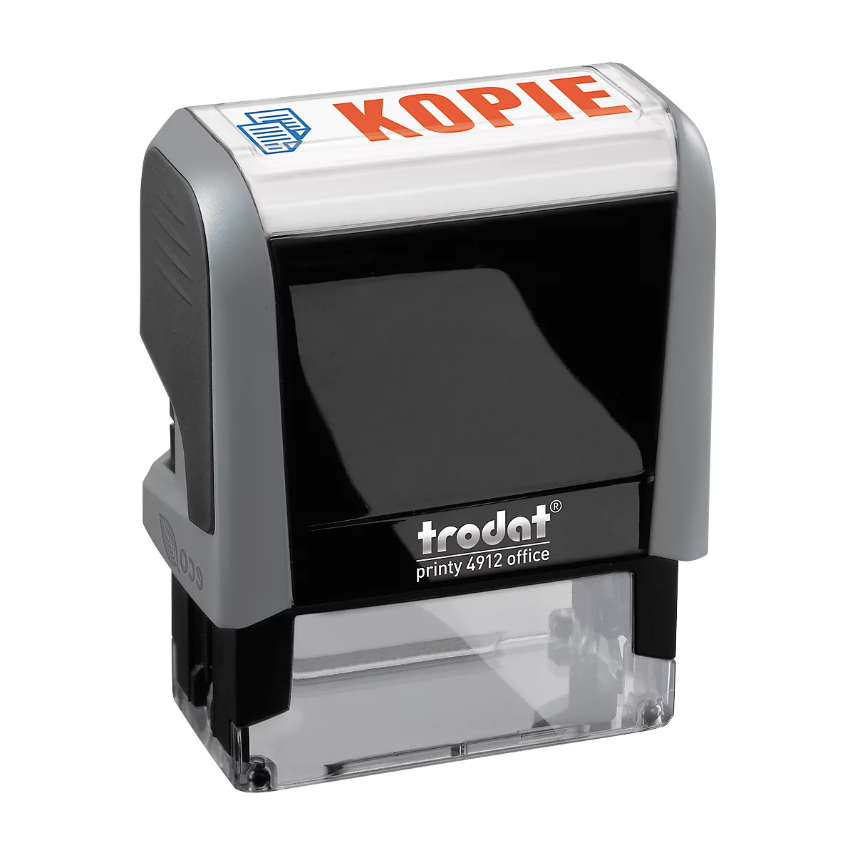 Black stamp with the word 'KOPIE' in orange. Symbol of copy sheets at the top left. Brand: Trodat Printy 4912 Office.