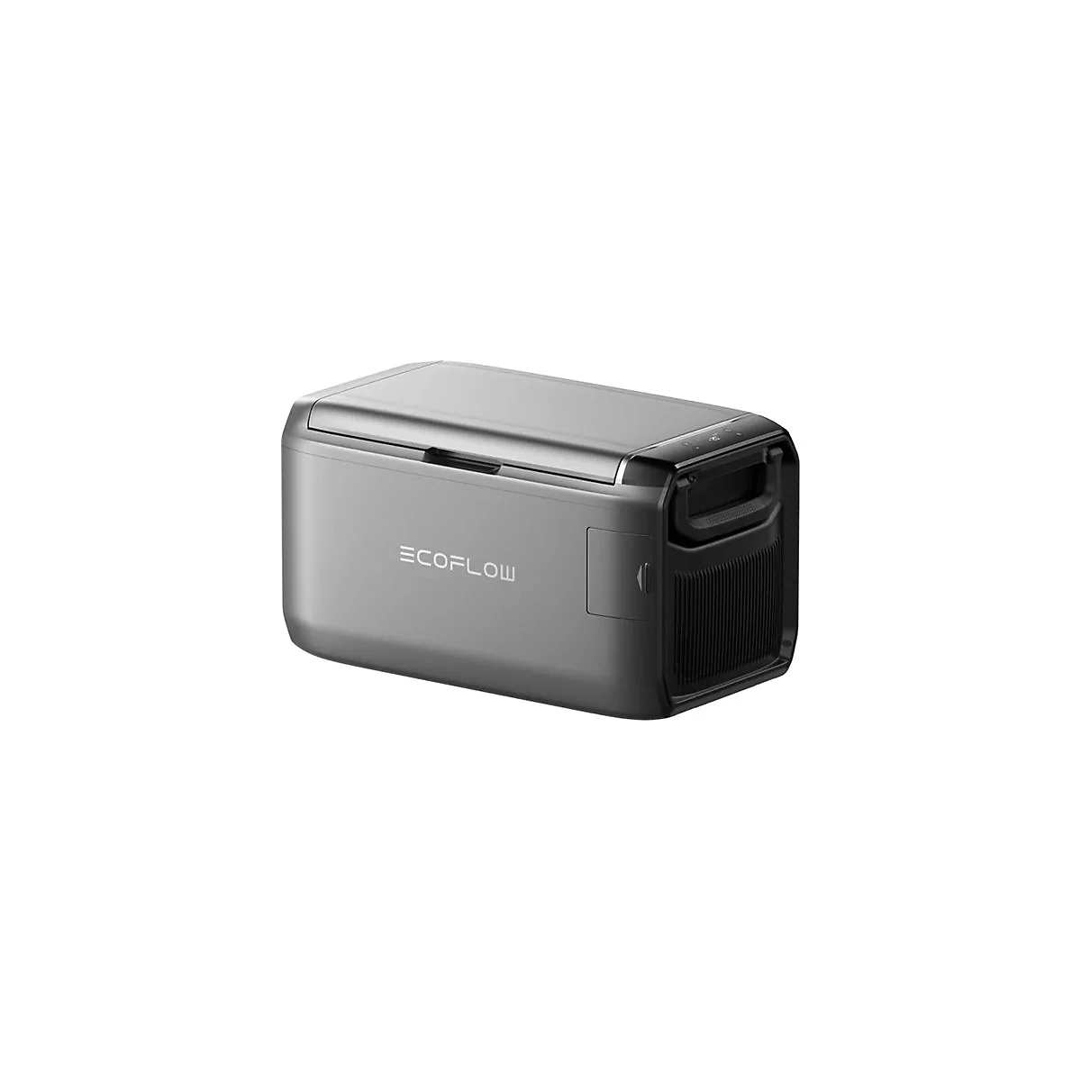 Graue EcoFlow Kompressor-Kühlbox vor weißem Hintergrund.