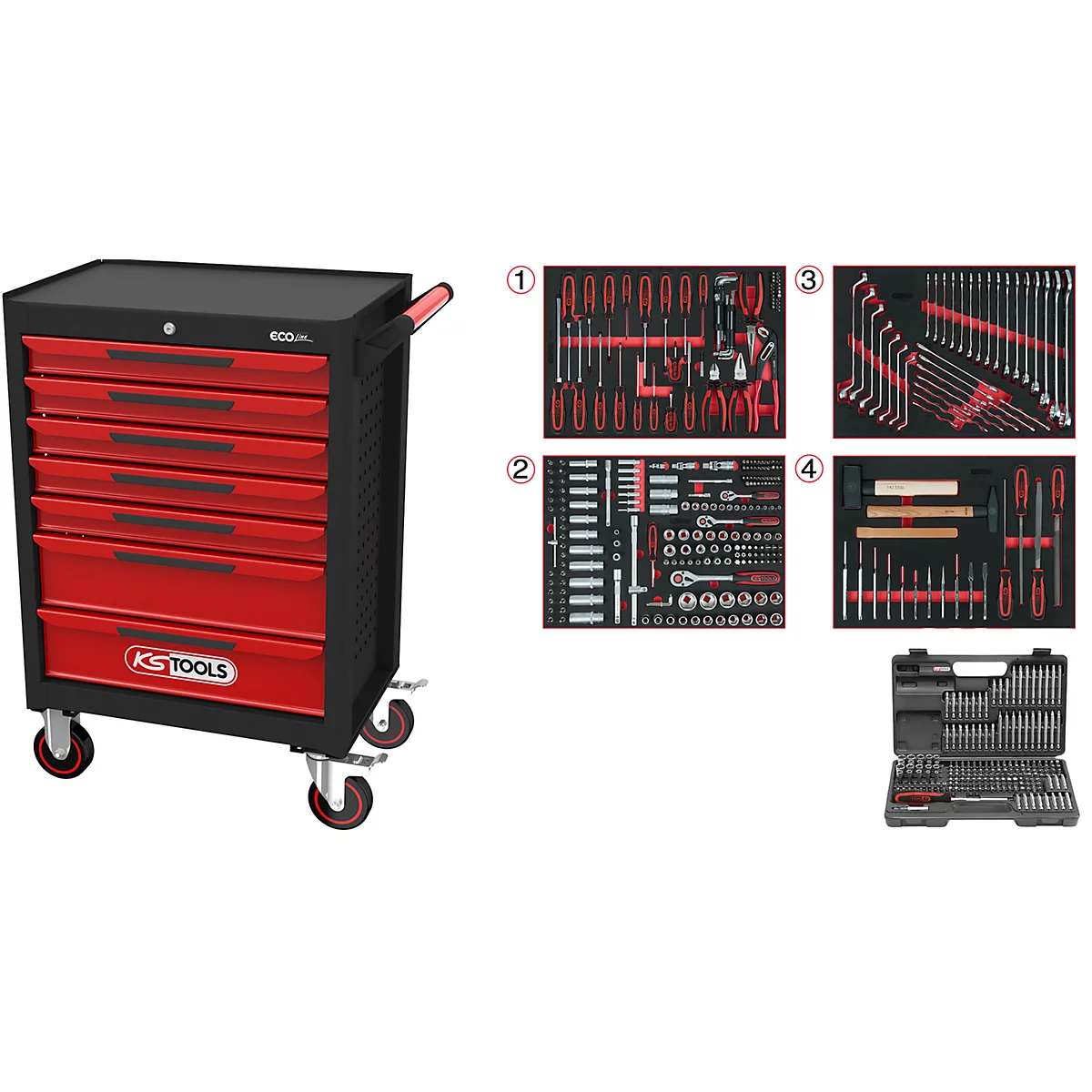 Schwarzer Werkzeugwagen mit roten Schubladen und KS Tools Logo. Daneben Werkzeug-Sets mit verschiedensten Werkzeugen.