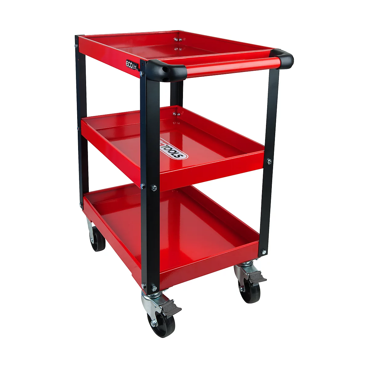 Roter Werkzeugwagen mit drei Ebenen, schwarzem Rahmen und Rollen.