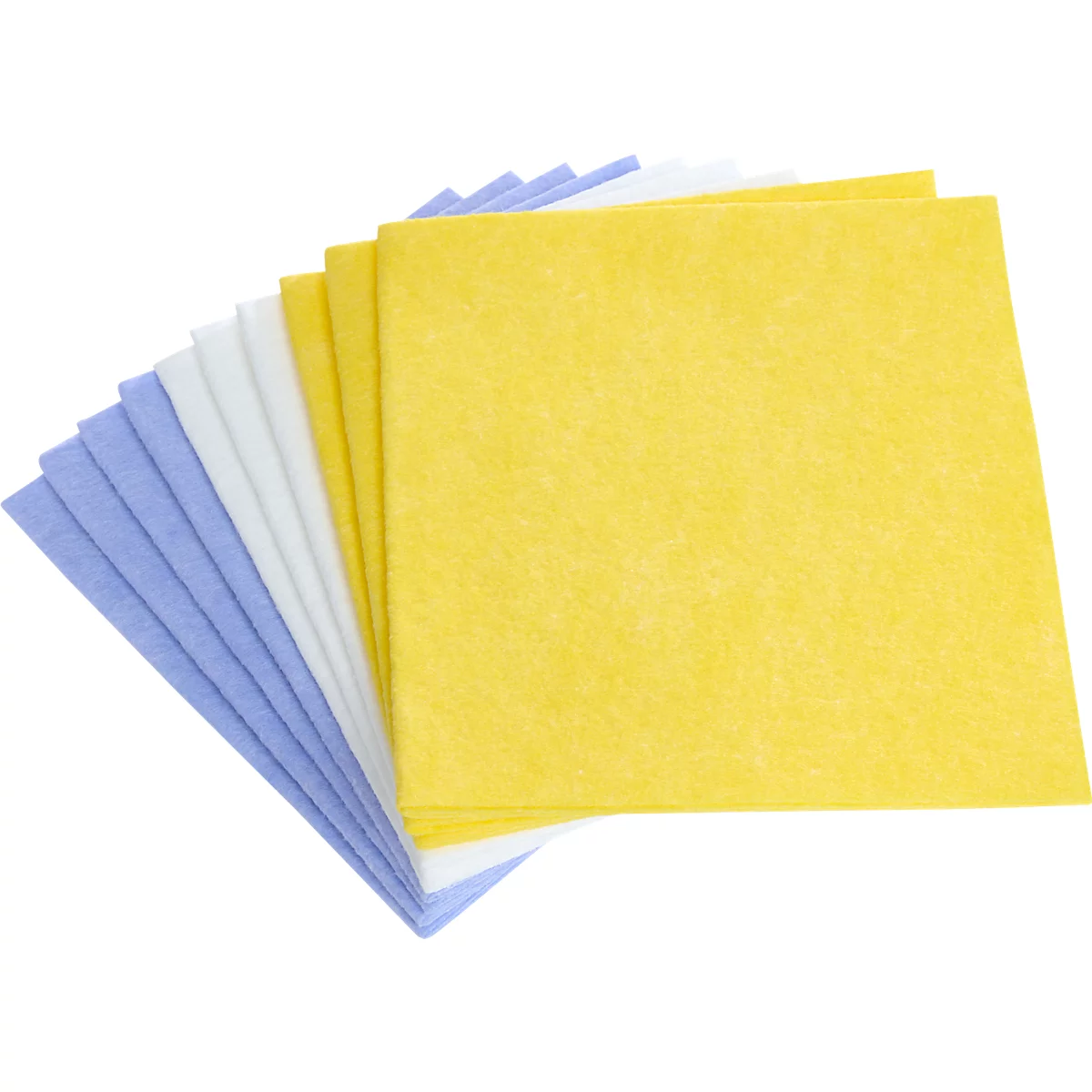 Fan of square cleaning cloths in yellow, blue, and white.