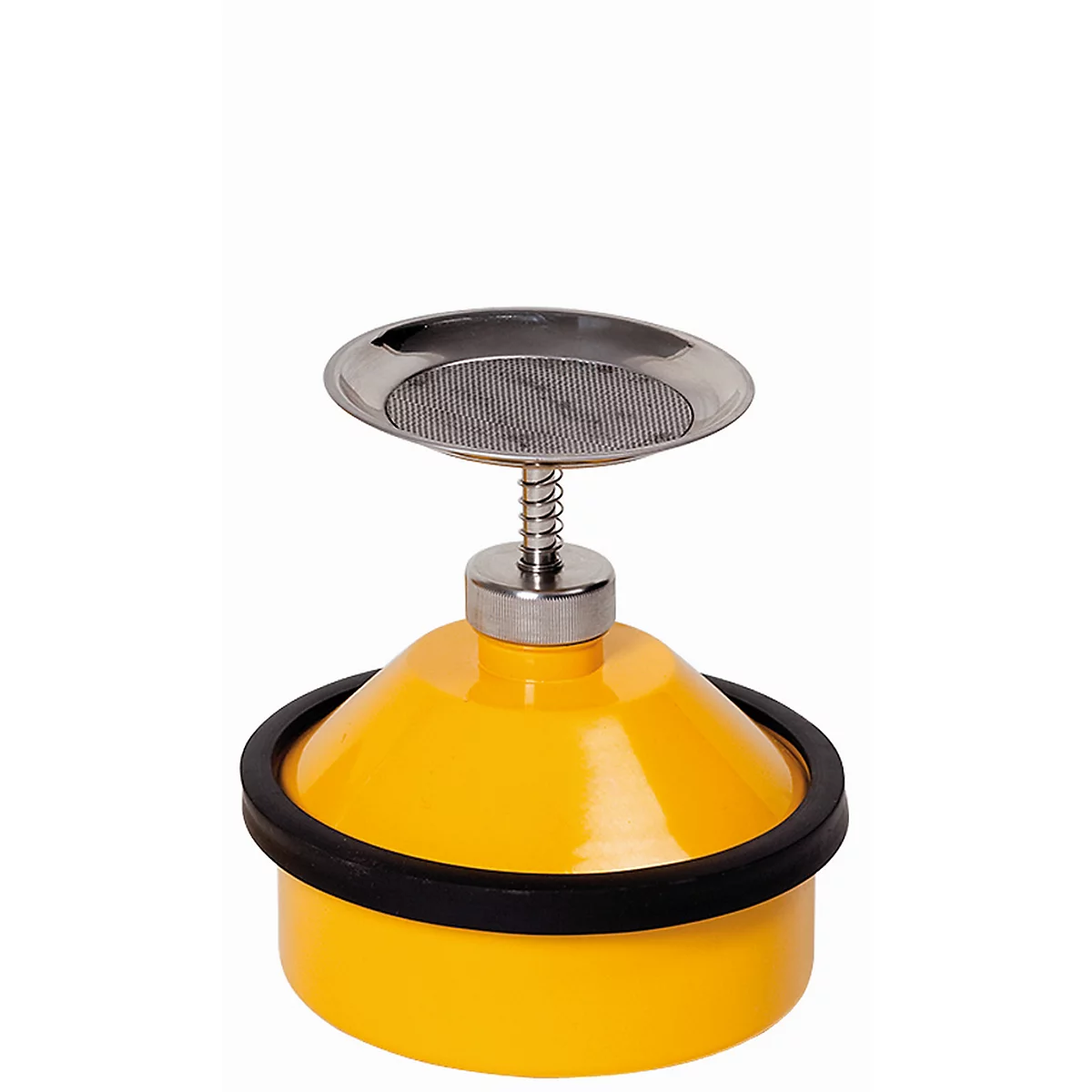 Yellow kitchen utensil with sieve and spring. Black rubber ring on the lower part. On a white background.