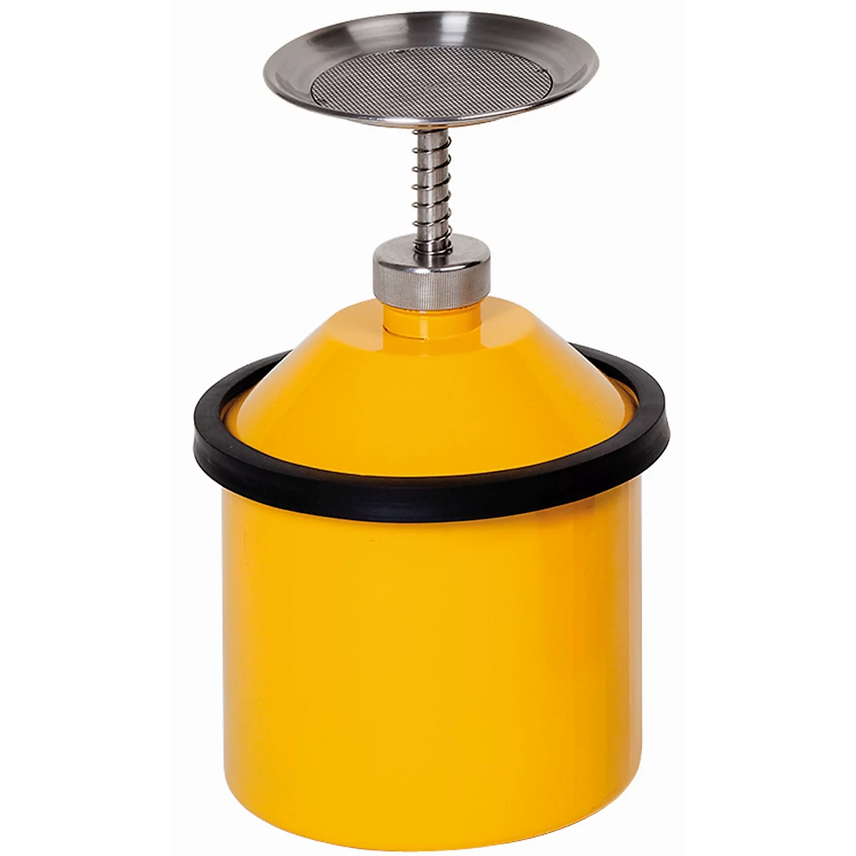 Yellow kitchen gadget with sieve. A round, yellow container with black ring, above a conical lid. A sieve is attached with a spring.