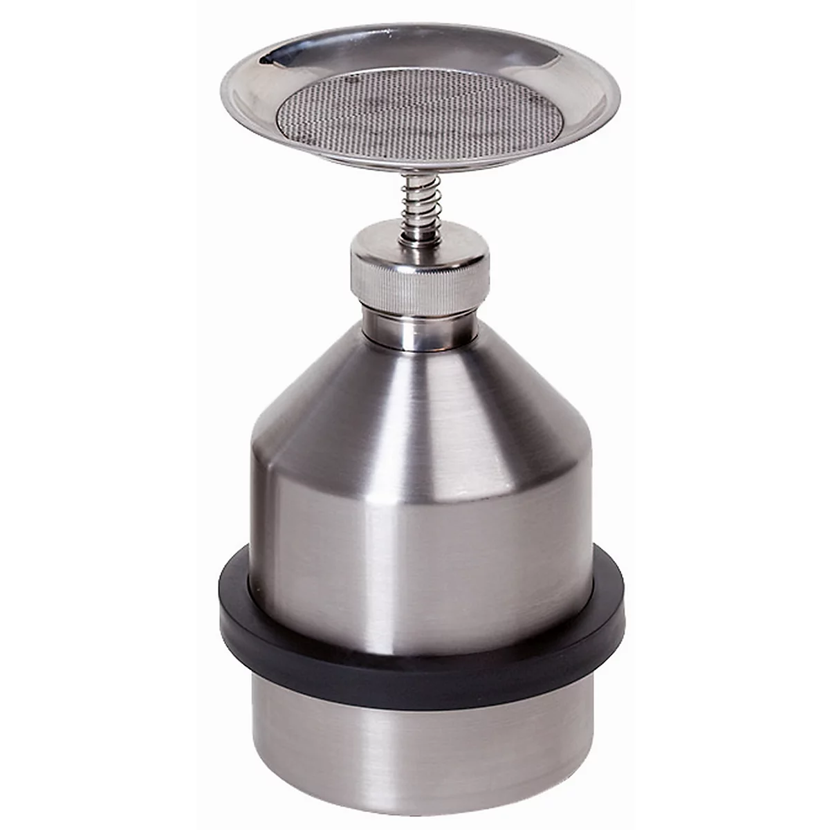 A metal coffee tamper with a sieve at the top, surrounded by a spring and handle.