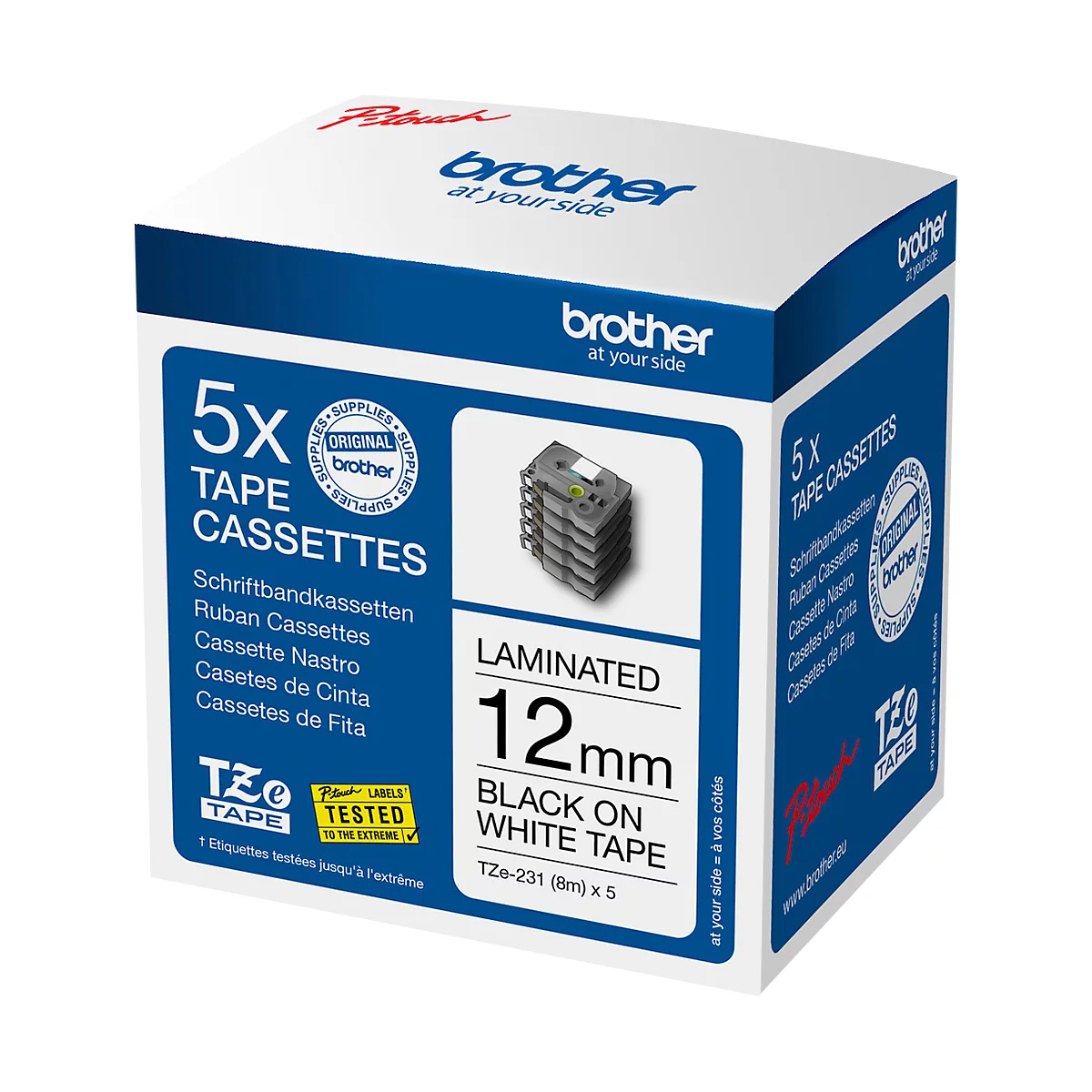 Economy pack: 5x Brother Tze-231M tape cassette, zelfklevend, 8 m x 12 mm, zwart