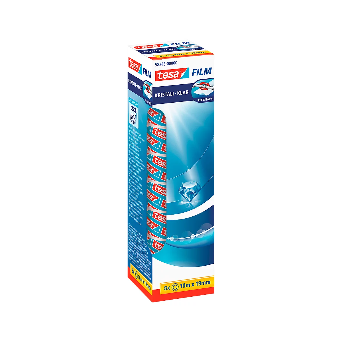 Package of tesa crystal clear film. Product with blue-red band and white lettering.