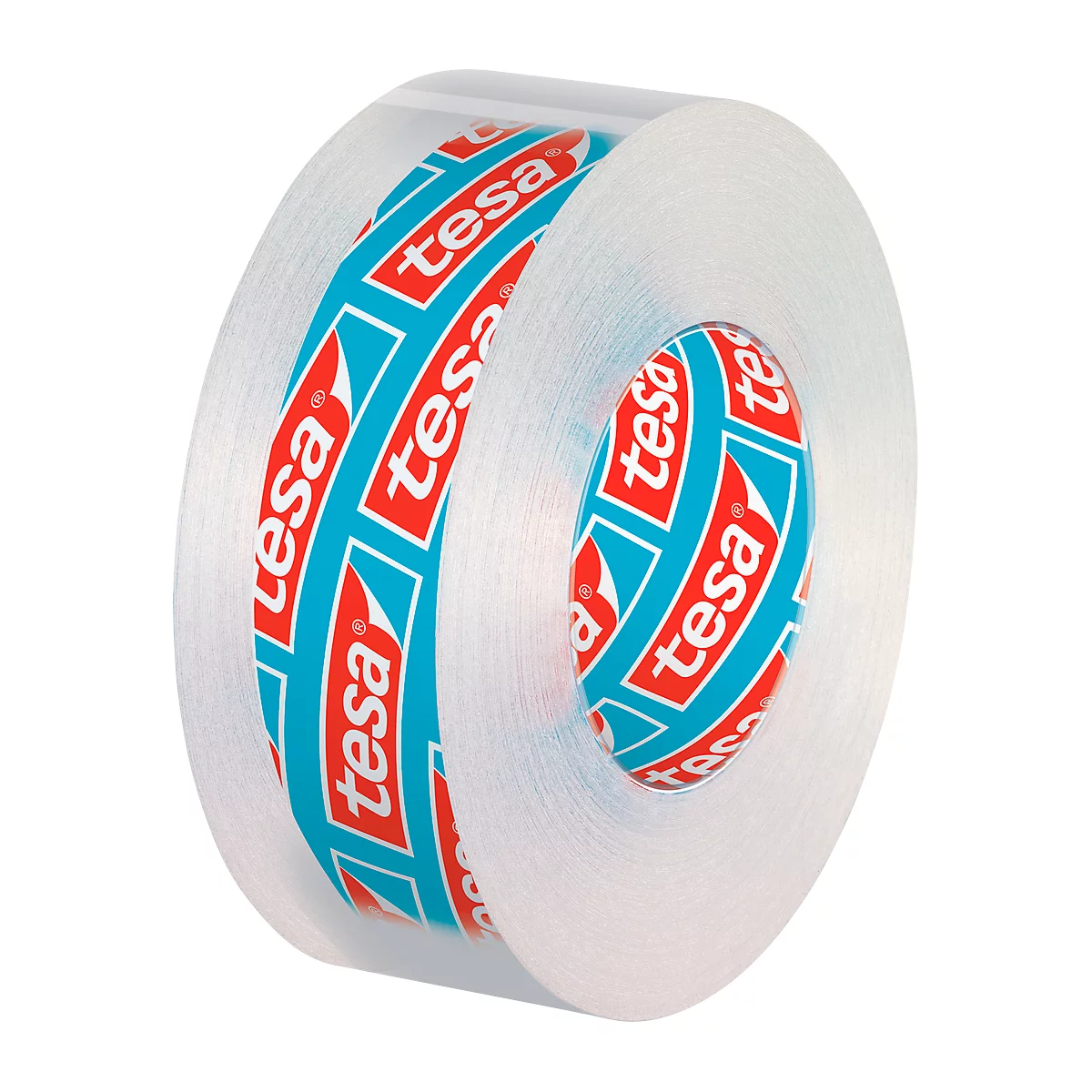 Transparent tape on a roll with the Tesa logo. The tape is partially unrolled.