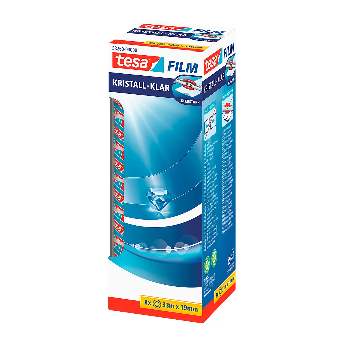 A pack of tesa film adhesive tape, crystal clear. Inscription: crystal-clear, 8x 33m x 19mm.