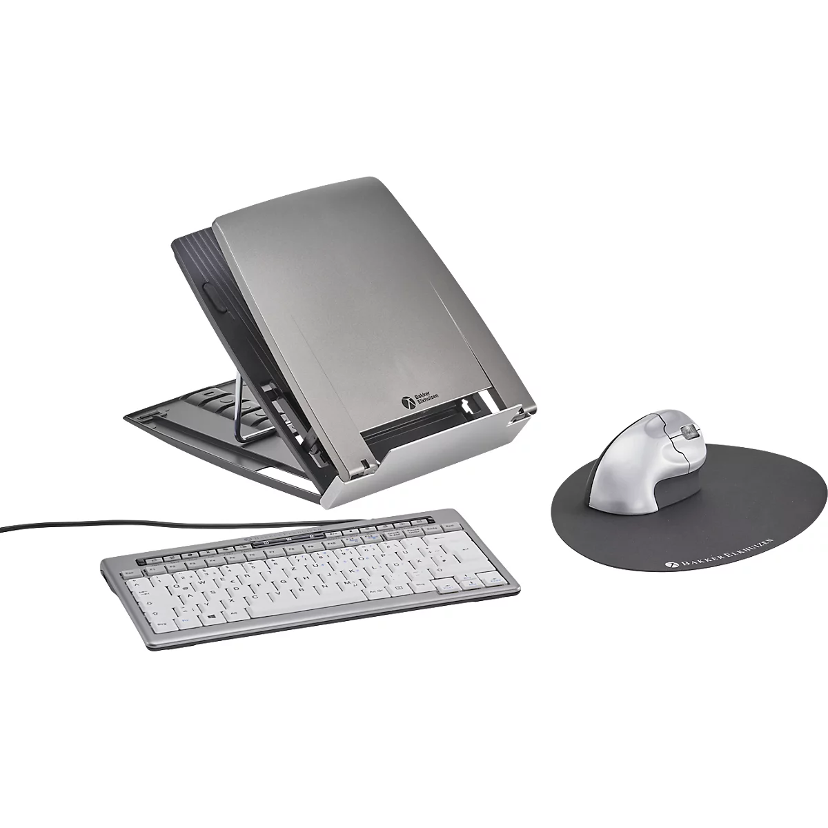Economy set BakkerElkhuizen Thuiswerkset, 4-delig, laptophouder, toetsenbord, QWERTZ, verticale muis en gratis muismat