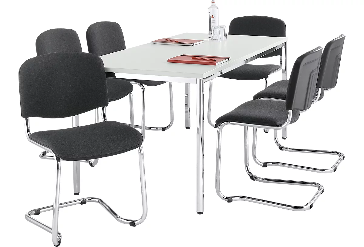 Economy set basculante ISO Swing, apilable, cubierta negra, dimensiones del asiento An 430 x Pr 420 x Al 470 mm, 6 piezas + mesa de conferencias, gris claro, An 1600 x Pr 800 x Al 720 mm