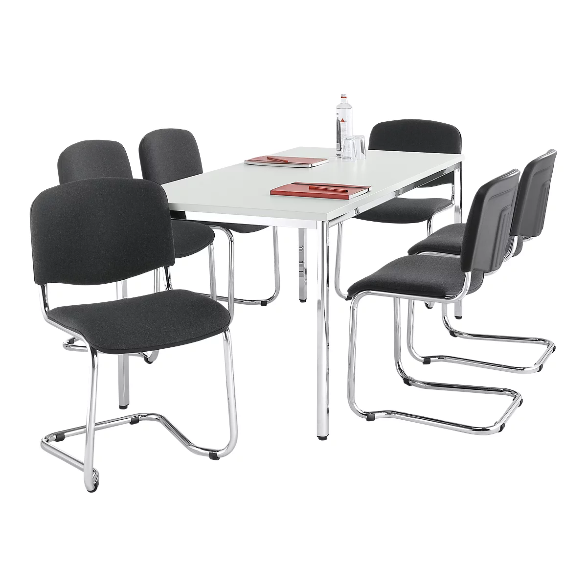 Economy set basculante ISO Swing, apilable, cubierta negra, dimensiones del asiento An 430 x Pr 420 x Al 470 mm, 6 piezas + mesa de conferencias, gris claro, An 1600 x Pr 800 x Al 720 mm