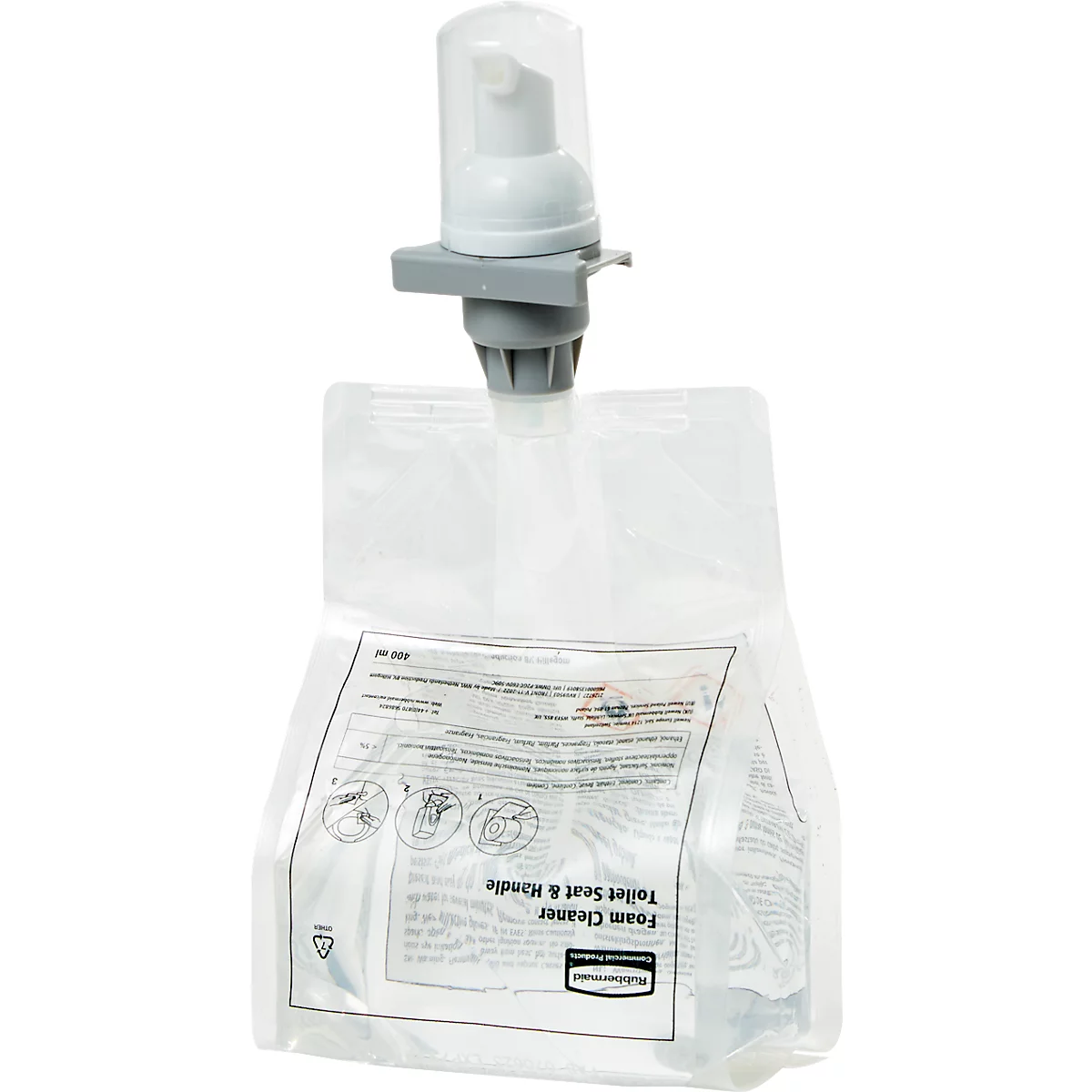 Een doorzichtige zak met een pompdosering voor toiletreiniger. Opschrift: Foam Cleaner Toilet Seat & Hindle.