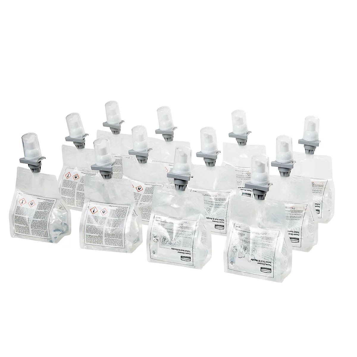 Opstelling van zakken met doseersystemen. De zakken zijn transparant en tonen productinformatie.